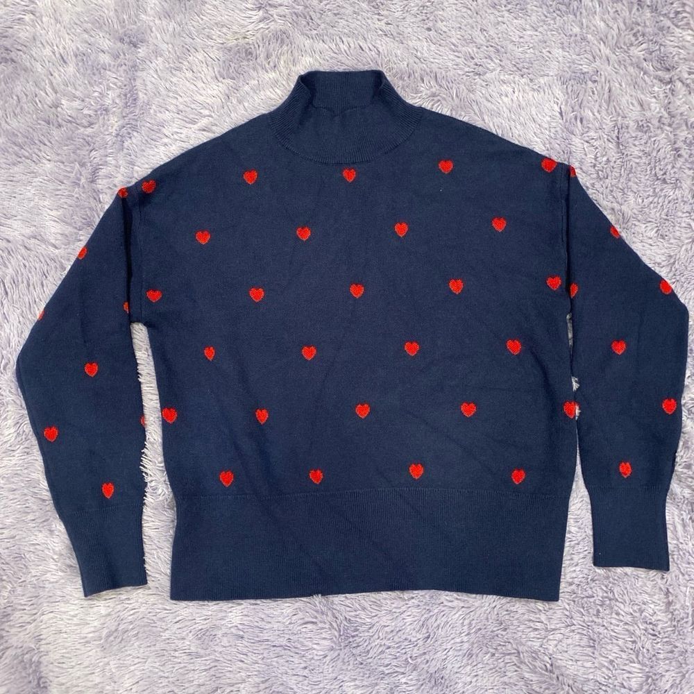 Truth by Republic Navy Blue Mock Neck Sweater with Red Heart Pattern Knit‎